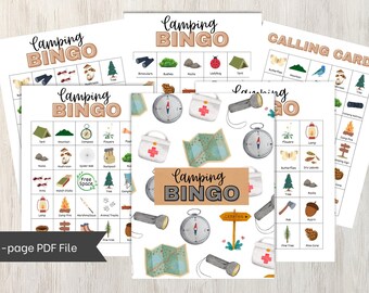 Camping Bingo Printables, Camping Party Game, Camping Party Favors, Summer Camp Bingo Cards, Family Reunion Games, Camping Memory Game