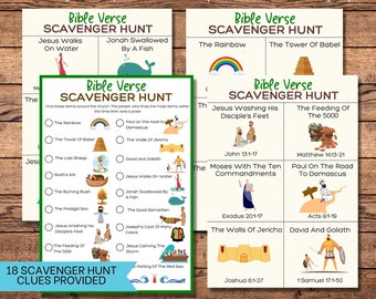 Könnte beinhalten: Ein druckbares Bibelvers-Schnitzeljagd-Spiel mit 18 Hinweisen. Das Spiel zeigt Illustrationen verschiedener biblischer Geschichten, darunter Noahs Arche, der Turm zu Babel und die Teilung des Roten Meeres.