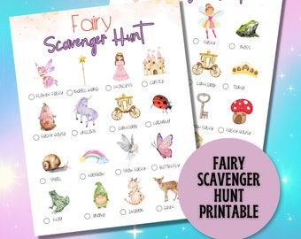 May include: A printable fairy scavenger hunt game with a pink background and watercolor illustrations of fairies, castles, carriages, and other fairy-themed items. The game includes a checklist of items to find, such as a flower fairy, a magic wand, a princess, a castle, a carriage, a tiara, a fairy house, a unicorn, a ladybug, a key, a fairy house, a snail, a rainbow, a snow fairy, a butterfly, a frog, a gnome, a dragon, and a deer.