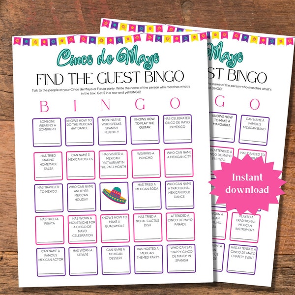 Cinco de Mayo Find The Guest Bingo | Fiesta Party Ice Breaker Games | Family Reunion Bingo Find The Guest Game | Youth Group Game Teen Party