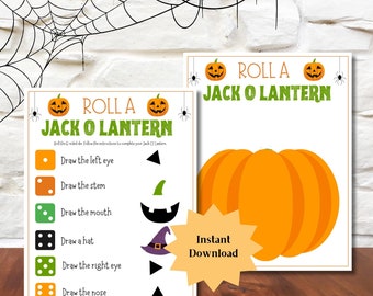 May include: A printable Halloween game for kids called "Roll a Jack O' Lantern". The game includes a pumpkin with a face and a set of instructions to draw different parts of the face based on dice rolls.