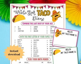 Whats Your Taco Name Game, Fun Fiesta Game Cinco de Mayo Games, Fiesta Ice Breaker Games, Tequila Games Taco Party Games Fiesta Activity