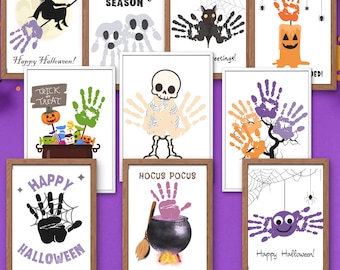 May include: Ten printable Halloween-themed handprint art projects. Each design features a different Halloween character or theme, such as a witch, a skeleton, a spider, and a cauldron. The designs are perfect for kids to create their own Halloween decorations.