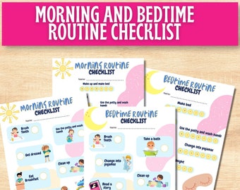 May include: Four printable checklists for children's morning and bedtime routines. Each checklist features a colorful illustration and a list of activities to complete, such as brushing teeth, getting dressed, and reading a story.