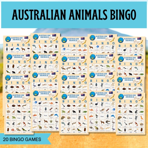 Bingo de animales australianos para niños / Tarjetas de bingo de animales de Australia / Conjunto de bingo educativo de animales nativos australianos / Juegos de reunión familiar