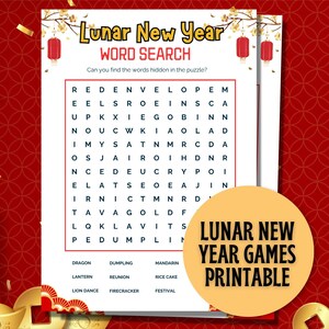 Chinese New Year Word Search, Lunar New Year Games, Chinese New Year Printable, Year Of The Dragon, Family Reunion Games Winter Word Games