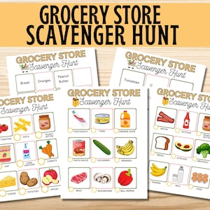 May include: Four printable grocery store scavenger hunt game cards with a list of items to find. The cards are yellow, green, and white with cartoon images of the items.