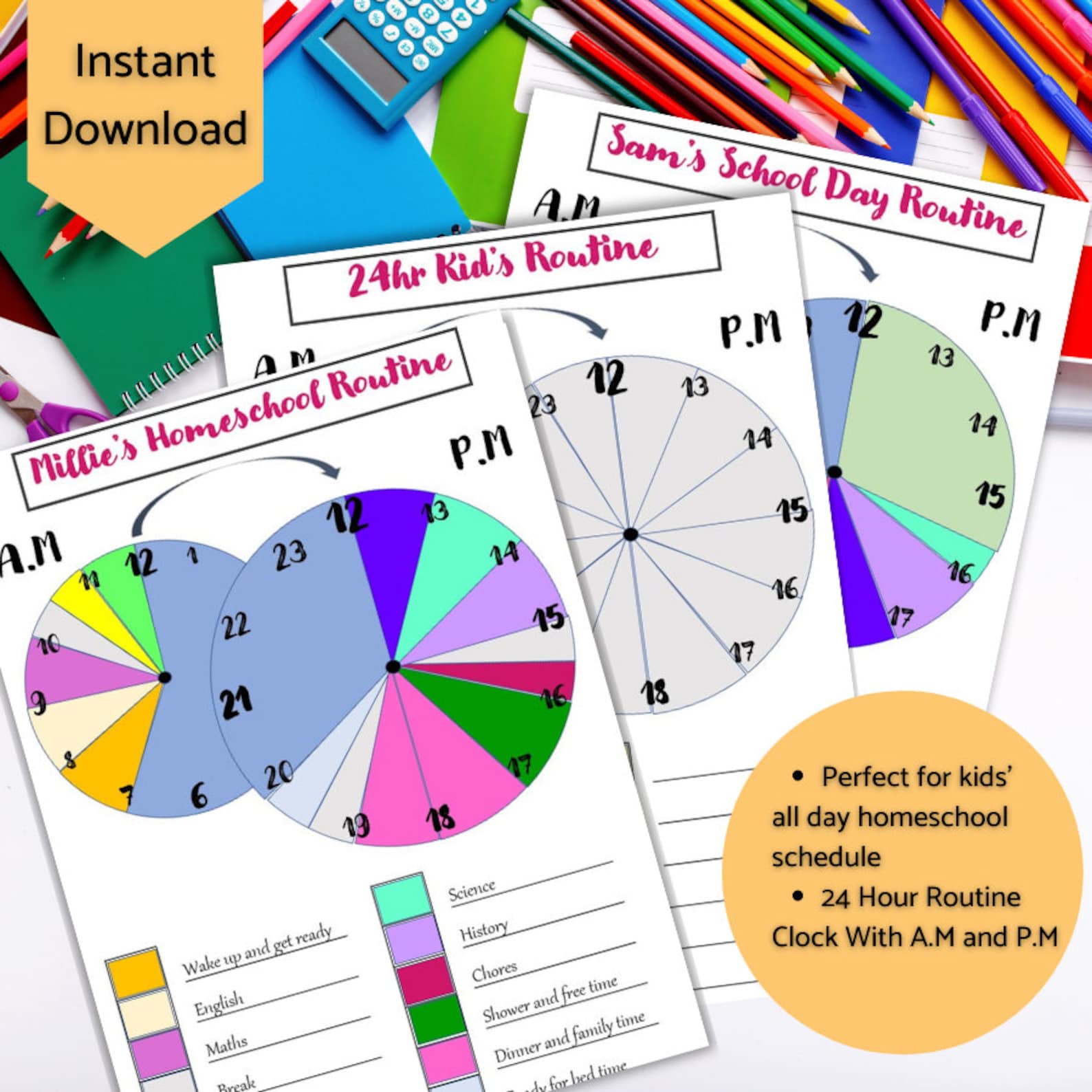 Color Coded 24 Hour Clock Schedule Printable for Kids Visual Etsy