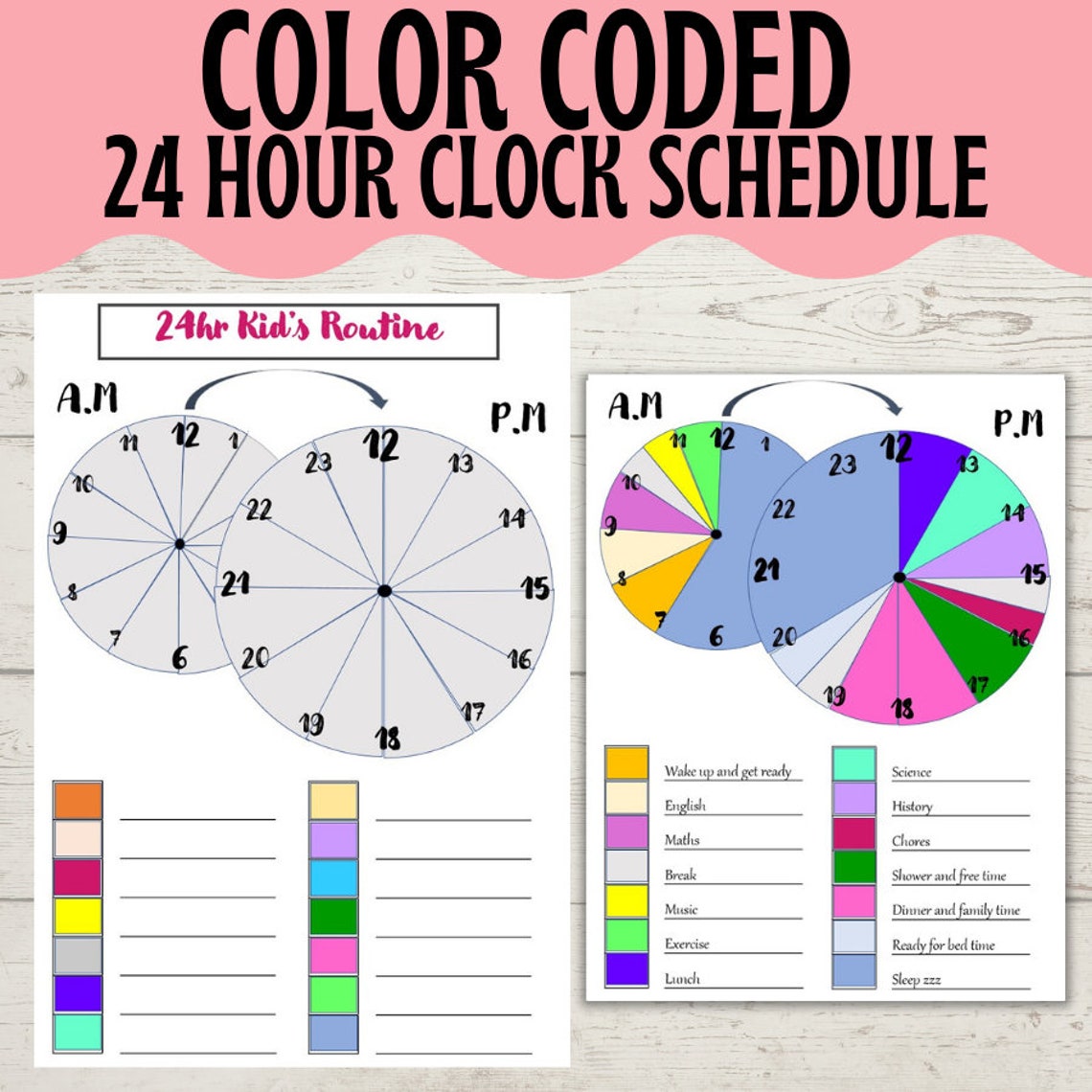 Color Coded 24 Hour Clock Schedule Customizable Kid's | Etsy