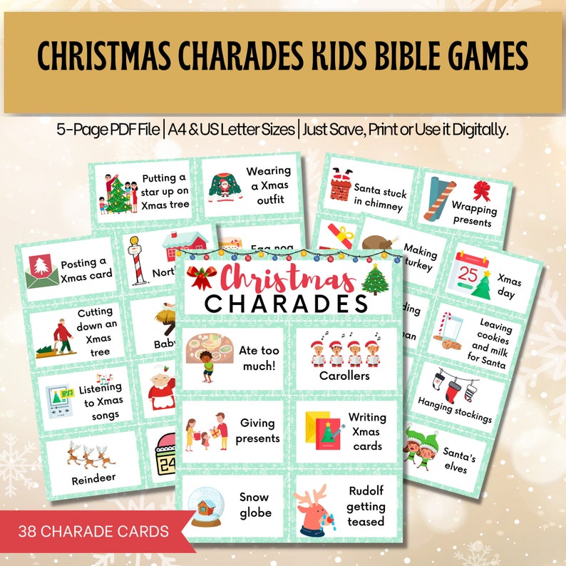 Christmas Charades Bible Games for Kids, Winter Pictionary Winter Party ...