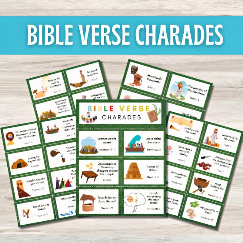 May include: A green and white printable game board with the title "Bible Verse Charades". The board is divided into squares with images and text related to Bible stories. The images include a lion, a boat, a well, a temple, and a mountain.