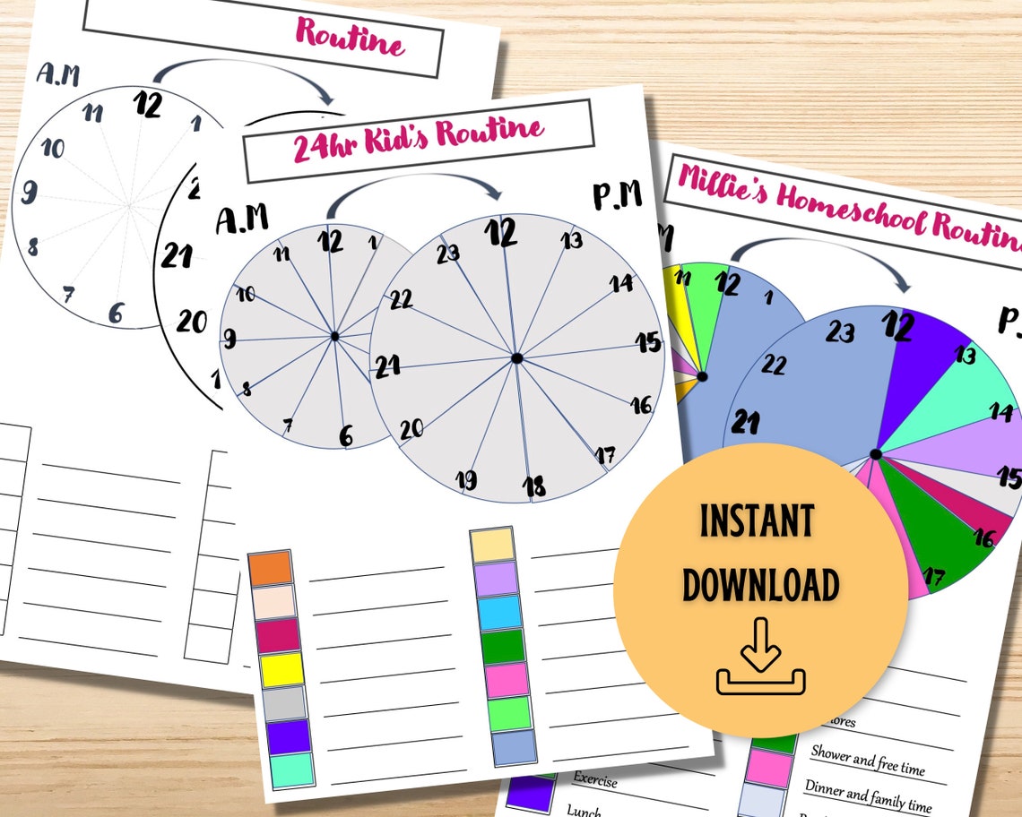 Color Coded 24 Hour Clock Schedule Printable for Kids Visual Etsy