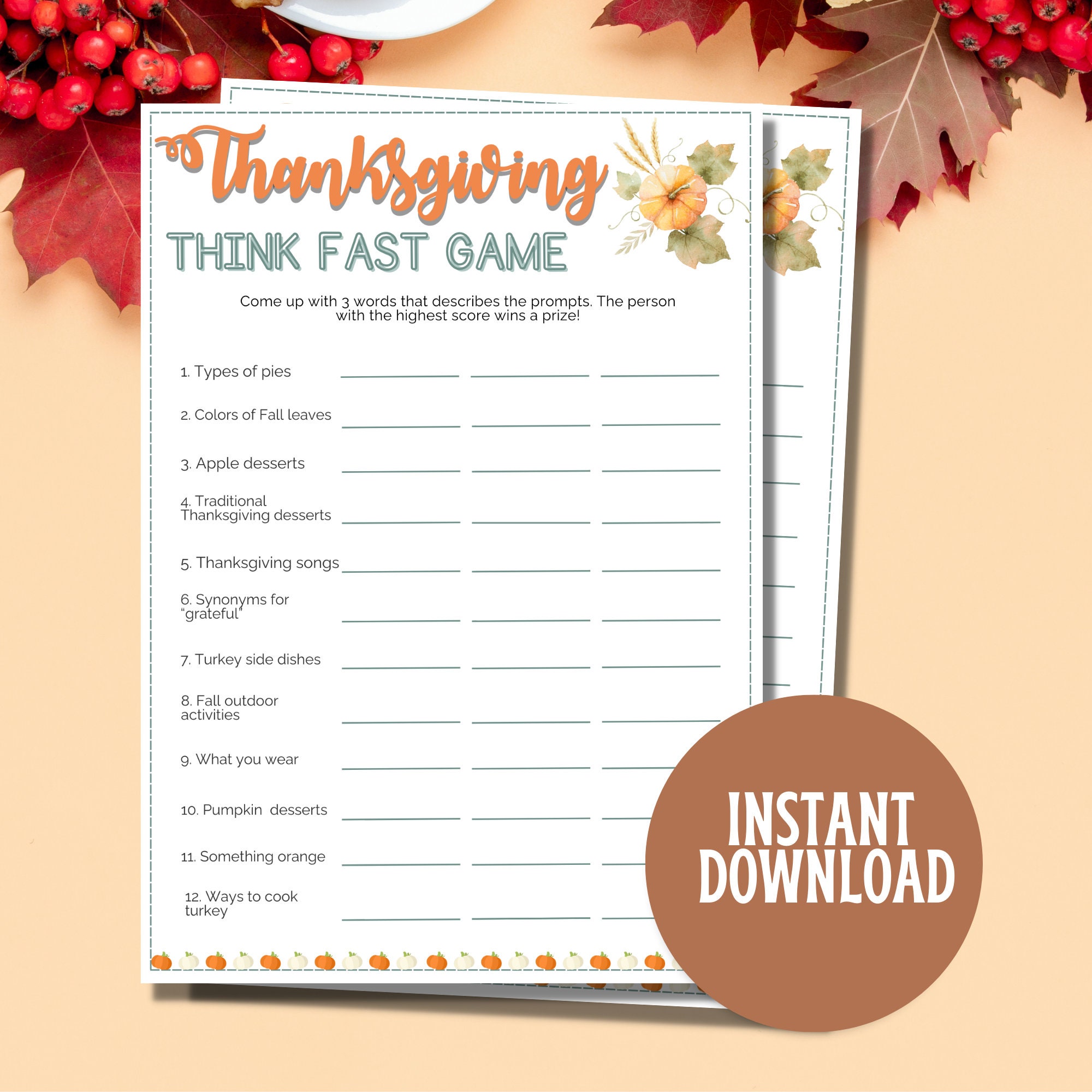 Fillable Thanksgiving Think Fast Game | Thanksgiving Games For Adults | Printable Ice Breaker Games | Friendsgiving Games Printable
