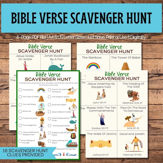 Bible Scavenger Hunt Church Treasure Hunt, Printable Bible Game Bible Characters Sunday School Scavenger Hunt, Church Party Games For Kids