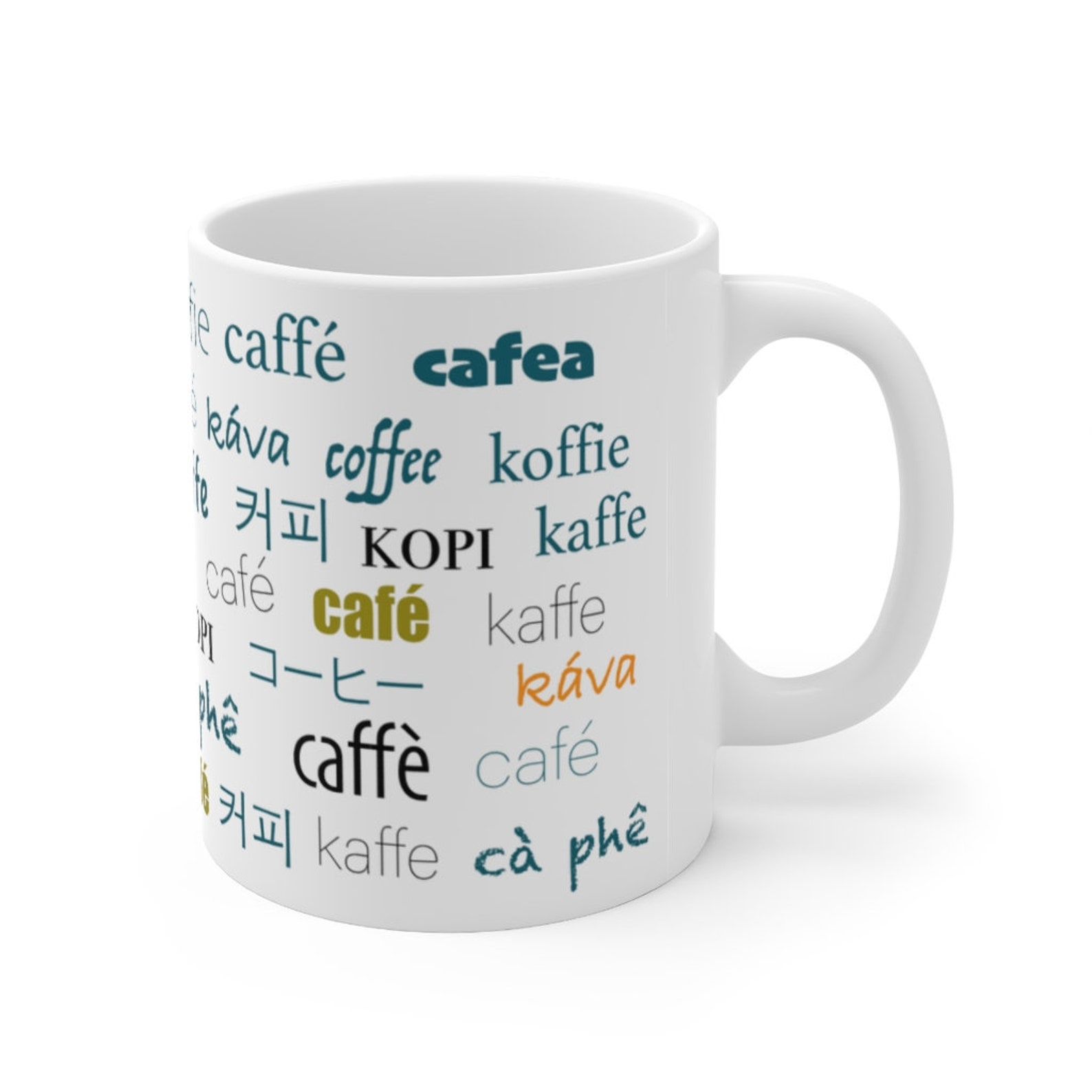 Coffee Mug in different languages. Ceramic Mug 11oz. with the Etsy