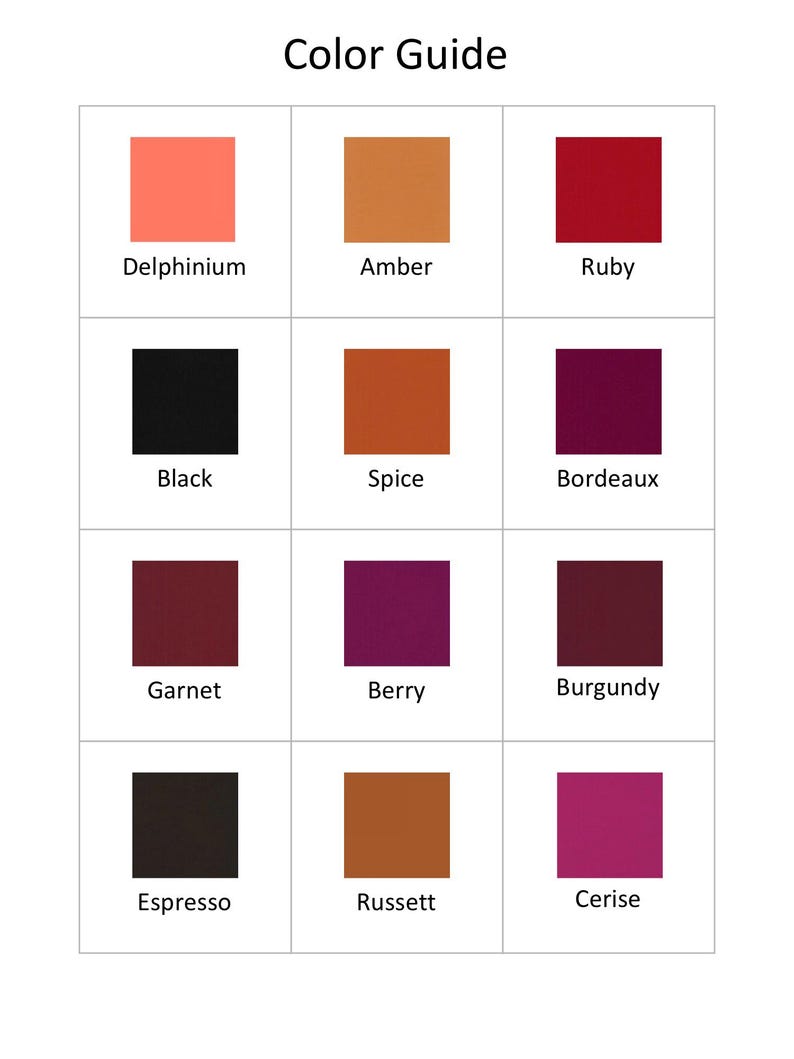 Op de afbeelding: Kleurguide met negen kleurstalen, elk met een kleurnaam gelabeld. De kleuren zijn: Delphinium, Amber, Robijn, Zwart, Kruidnagel, Bordeaux, Granaat, Bes, Bourgondi&euml;, Espresso, Roodbruin en Kersen.
