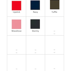 Op de afbeelding: Kleurguide met negen vierkanten die verschillende kleuren tonen. De kleuren zijn Lipstick, Navy, Tuffle, Woodrose, Stormy en vier lege vierkanten.