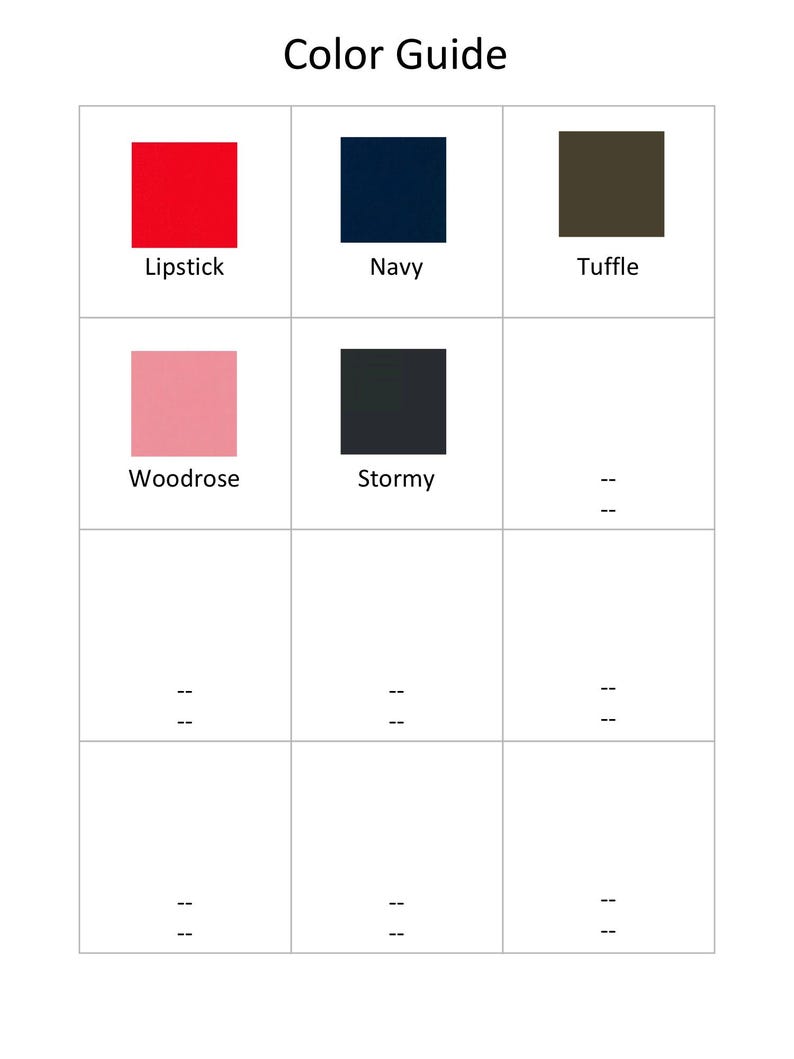 Op de afbeelding: Kleurguide met negen vierkanten die verschillende kleuren tonen. De kleuren zijn Lipstick, Navy, Tuffle, Woodrose, Stormy en vier lege vierkanten.