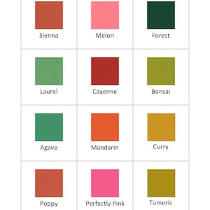 Op de afbeelding: Kleurguide met 12 kleurstalen. De kleuren zijn Sienna, Meloen, Bos, Laurier, Cayenne, Bonsai, Agave, Mandarijn, Curry, Poppy, Perfect Roze en Kurkuma.