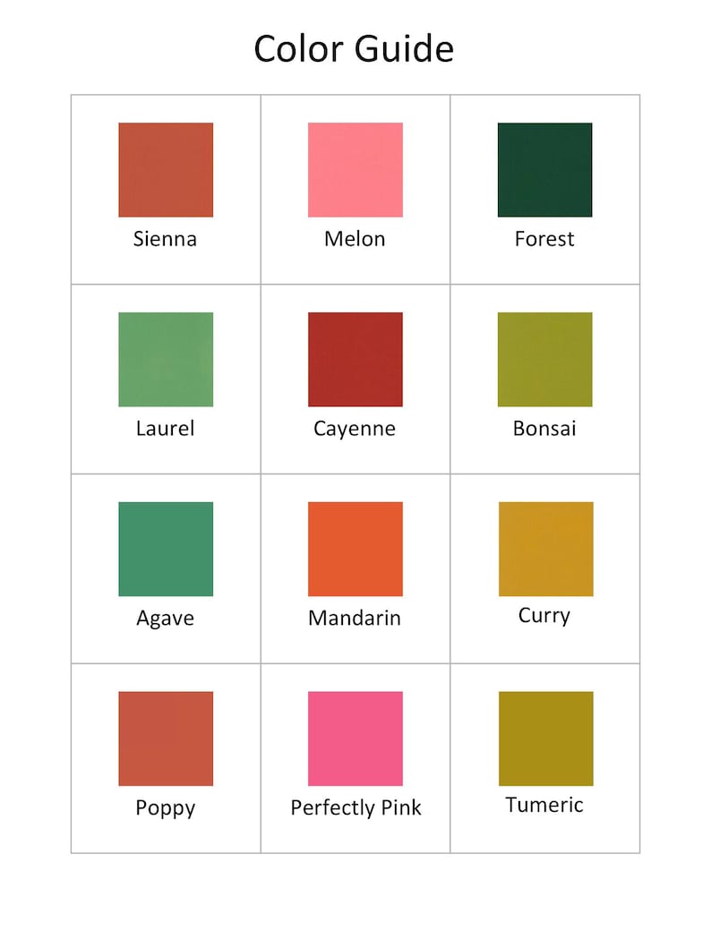 Op de afbeelding: Kleurguide met 12 kleurstalen. De kleuren zijn Sienna, Meloen, Bos, Laurier, Cayenne, Bonsai, Agave, Mandarijn, Curry, Poppy, Perfect Roze en Kurkuma.