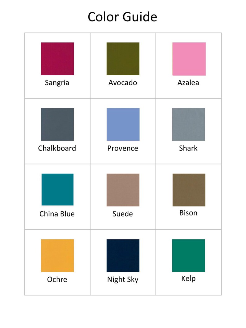 Op de afbeelding: Kleurguide met 12 kleurstalen. De kleuren zijn: Sangria, Avocado, Azalea, Schoolbord, Provence, Haai, China Blue, Su&egrave;de, Bison, Oker, Nachtelijke hemel en Kelp.