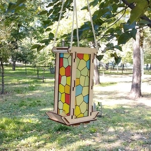 Hanging Bird Feeder with colorful stained glass for outdoor backyard decoration with acrylic sides