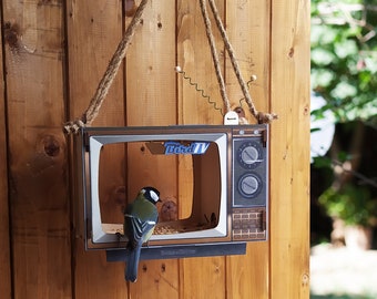 Comedero para pájaros con forma de TV único para decoración de jardín, comedero para pájaros colgante