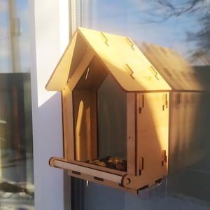 Minimalist Plywood Window Bird Feeder with Strong Suction Cups.