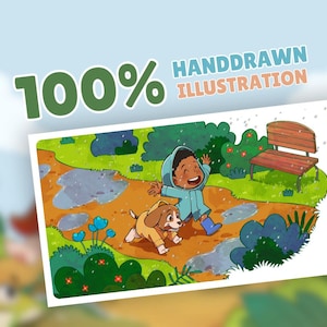 100% hand drawn custom children’s book illustration featuring a happy child and cute puppy playing outdoors, colorful whimsical storybook art for kids books and picture books.