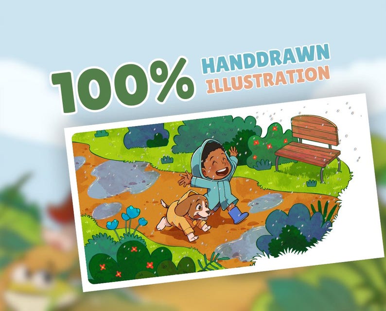 100% hand drawn custom children’s book illustration featuring a happy child and cute puppy playing outdoors, colorful whimsical storybook art for kids books and picture books.