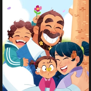 May include: A digital illustration of a family of four embracing outdoors. A parent with a brown beard and moustache holds a child in a teal jacket and another child with a yellow butterfly on their nose, while another parent smiles nearby.