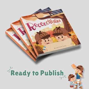 K&ouml;nnte beinhalten: Drei Kinderb&uuml;cher mit dem Titel "Reconciliation" mit orangefarbenen und wei&szlig;en Einb&auml;nden. Das Cover zeigt Cartoon-Kinder mit Detektivh&uuml;ten. Der Satz "Ready to Publish" steht am unteren Rand des Bildes.