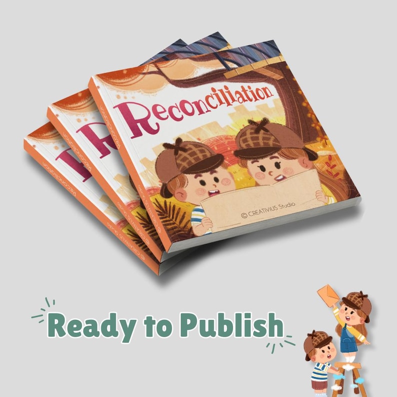 K&ouml;nnte beinhalten: Drei Kinderb&uuml;cher mit dem Titel "Reconciliation" mit orangefarbenen und wei&szlig;en Einb&auml;nden. Das Cover zeigt Cartoon-Kinder mit Detektivh&uuml;ten. Der Satz "Ready to Publish" steht am unteren Rand des Bildes.