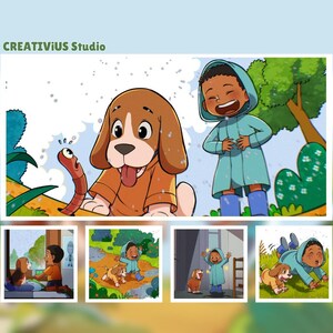 Custom children’s book illustration portfolio featuring a cute puppy and child in colorful hand drawn storybook scenes, whimsical character art for kids picture books and self-publishing.
