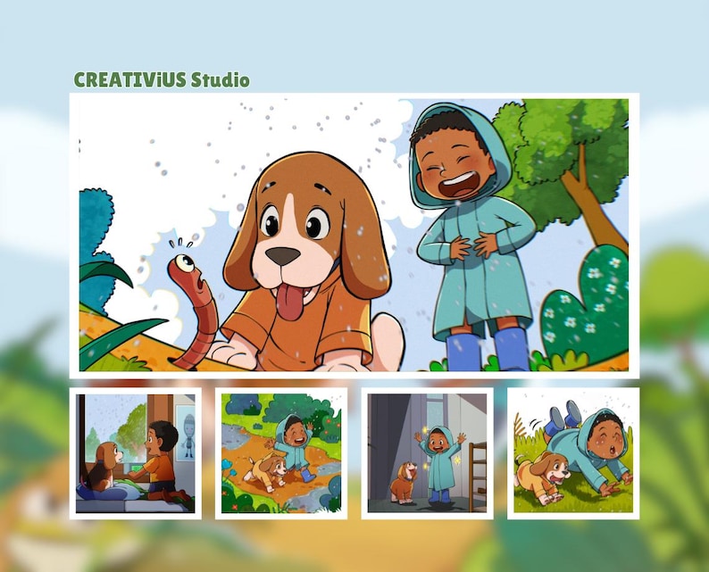 Custom children’s book illustration portfolio featuring a cute puppy and child in colorful hand drawn storybook scenes, whimsical character art for kids picture books and self-publishing.