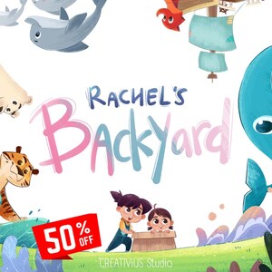 Può includere: Illustrazione colorata con il testo "Rachel's Backyard". L'immagine presenta animali dei cartoni animati, tra cui una tigre, una balena e foche. Due bambini sono in una scatola di legno. Uno striscione rosso mostra "50% OFF".