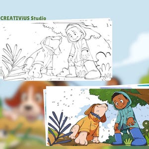 Custom children’s book illustration process showing black and white sketch and finished full color artwork of a child and cute dog, hand drawn storybook art for kids picture books.