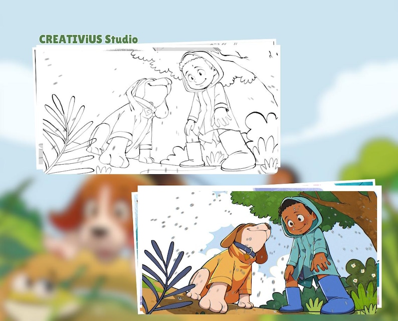 Custom children’s book illustration process showing black and white sketch and finished full color artwork of a child and cute dog, hand drawn storybook art for kids picture books.