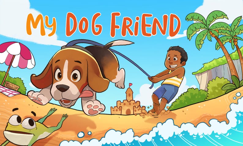 Colorful custom children’s book illustration featuring a cute puppy playing with a young boy on a sunny beach, whimsical hand drawn storybook art with ocean waves, sandcastle and cartoon frog.