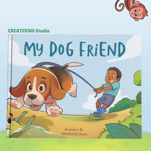 Custom children’s book cover mockup featuring a cute cartoon puppy and happy child, colorful hand drawn picture book illustration and personalized kids storybook design.