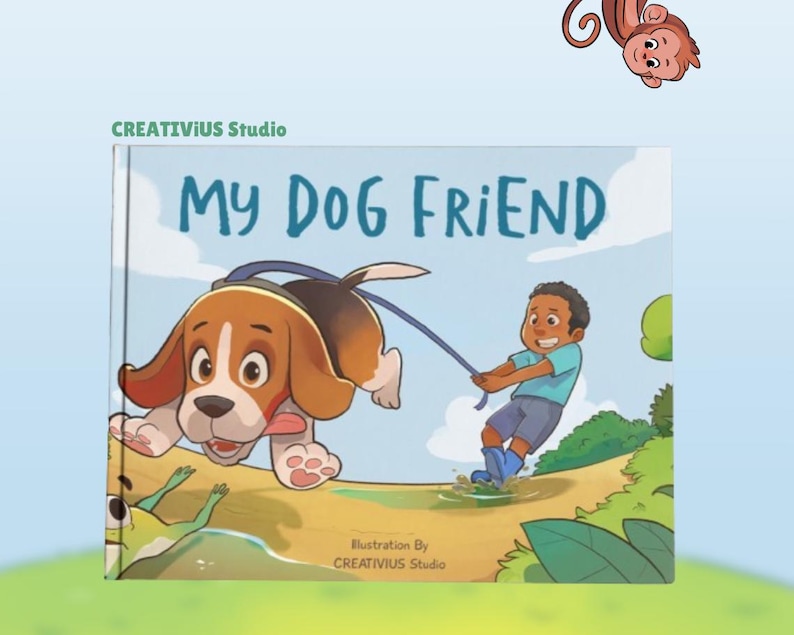 Custom children’s book cover mockup featuring a cute cartoon puppy and happy child, colorful hand drawn picture book illustration and personalized kids storybook design.