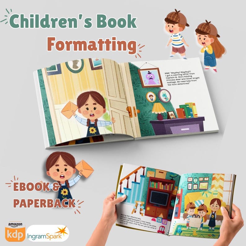 K&ouml;nnte beinhalten: Ein offenes Kinderbuch mit Illustrationen von Zeichentrickfiguren und Innenszenen. Der Buchtitel lautet "Children's Book Formatting" mit den Worten "Ebook & Paperback" darunter. Die Logos von Amazon KDP und IngramSpark sind ebenfalls sichtbar.