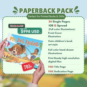 Custom children’s book illustration paperback package featuring colorful hand drawn storybook art, cute dog character, kids book cover design, 24 illustrated pages and print ready book illustrations.