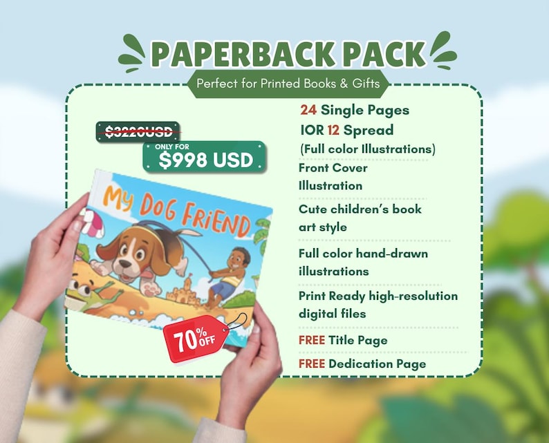 Custom children’s book illustration paperback package featuring colorful hand drawn storybook art, cute dog character, kids book cover design, 24 illustrated pages and print ready book illustrations.