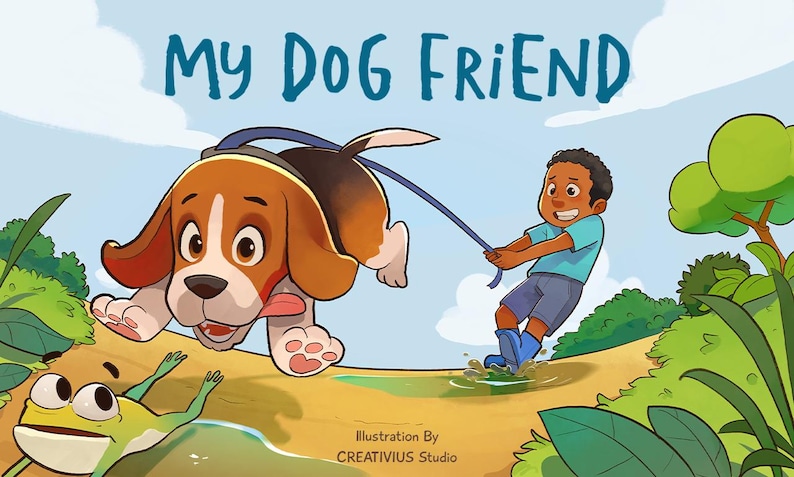 Custom children’s book illustration cover featuring a cute cartoon dog and young boy playing outdoors, colorful hand drawn kids storybook art and character design.