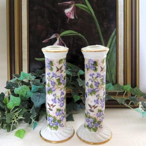 Porcelain Ruby Throated Hummingbird Candlestick Holders