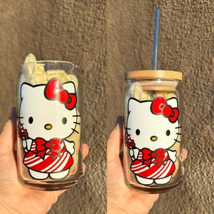 Christmas Beer Glass Can, Christmas cups, cat cups, holiday cups, Christmas decor,cat decor, libbey,candy cane, red Christmas, Christmas cat