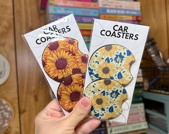 Sunflowers Car Coasters, car accessories, floral coasters, floral decor, yellow flowers, sunflowers decor, sunflowers coasters, big yellow
