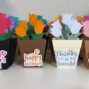 Può includere: Quattro biglietti a forma di vaso di fiori di carta con fiori di tulipano rosa, arancione, bianco e rosa. I vasi sono neri, marroni, crema e marroni. Ogni vaso ha un adesivo con un messaggio: "Happy Mother's Day!", "Happy Birthday!", "thanks a bunch!" e "thanks for helping me grow!"
