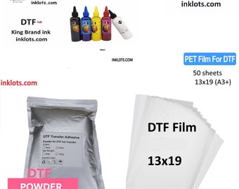 DTF combo  5 bottles of dtf ink ,2.20 lb. Powder white or black,50 sheets PET Film for dtf printing